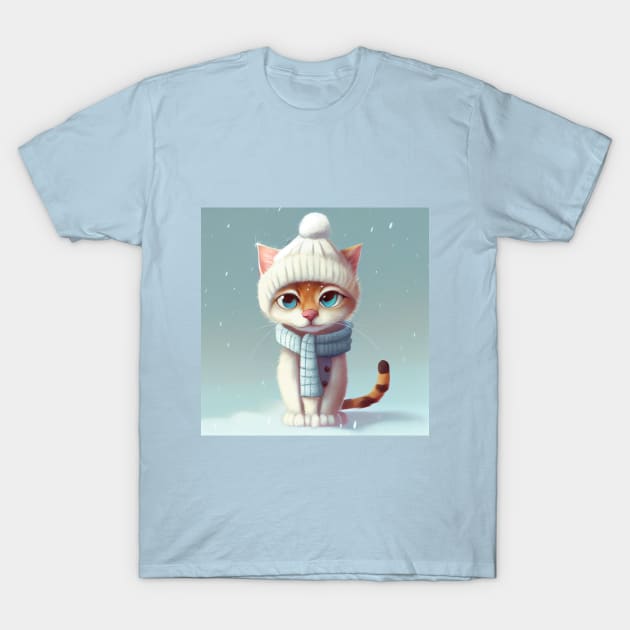 Cute Cat with a Scarf and Hat in Winter Scenery T-Shirt by KOTOdesign